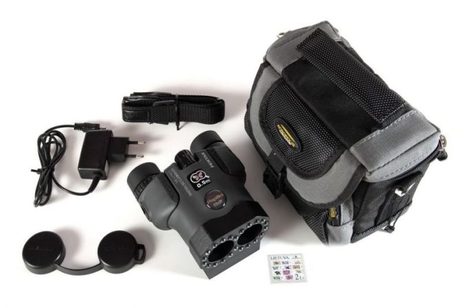 Complete set of the Optic-2 Advanced Hidden Camera Lens Finder, including the detector, charger, strap, and transport bag